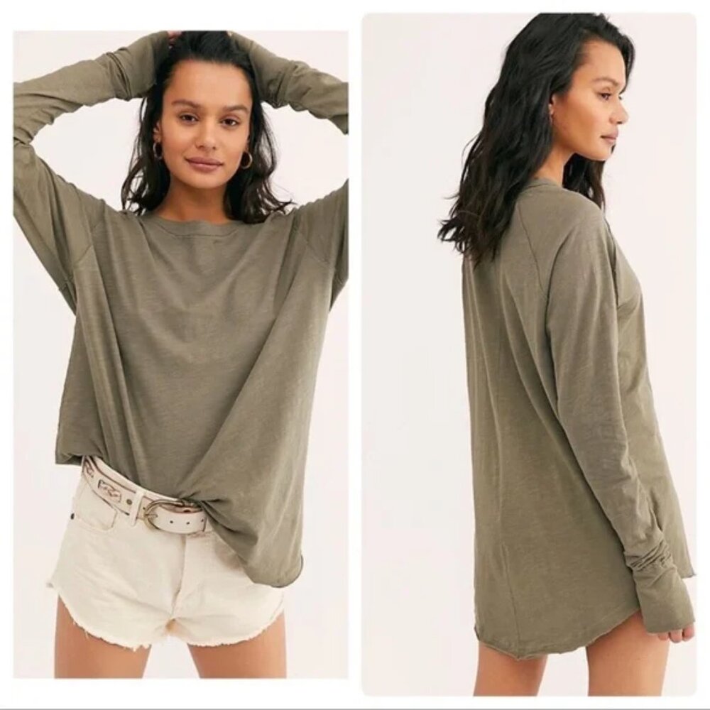 New Free People Arden Tee Long Sleeve Oversize Olive Washed Army Green S… - Picture 1 of 14